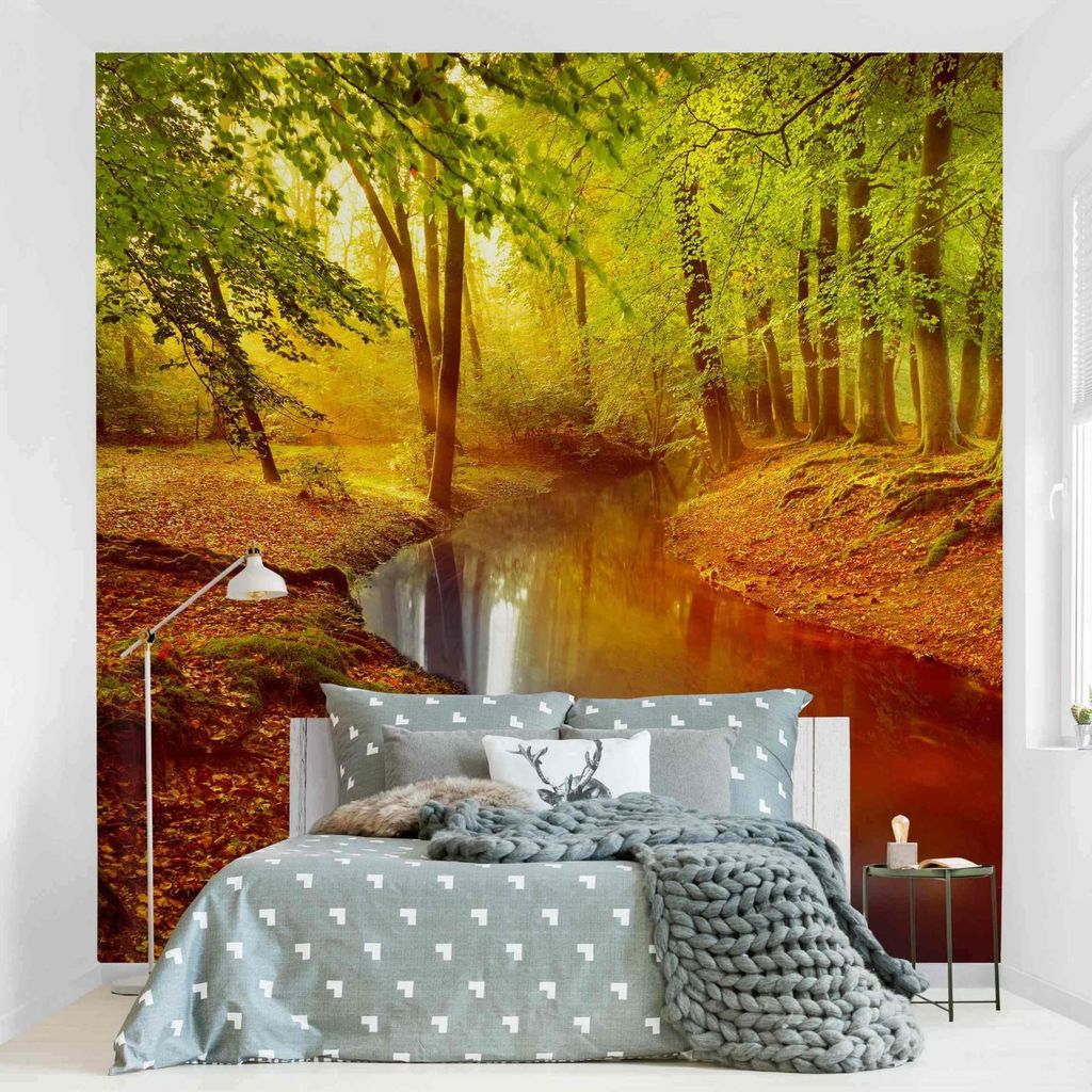 Fototapete Wald - Vliestapete - Bildtapete UV-beständig Wald orange Motiv Wandtapete geruchsfrei
