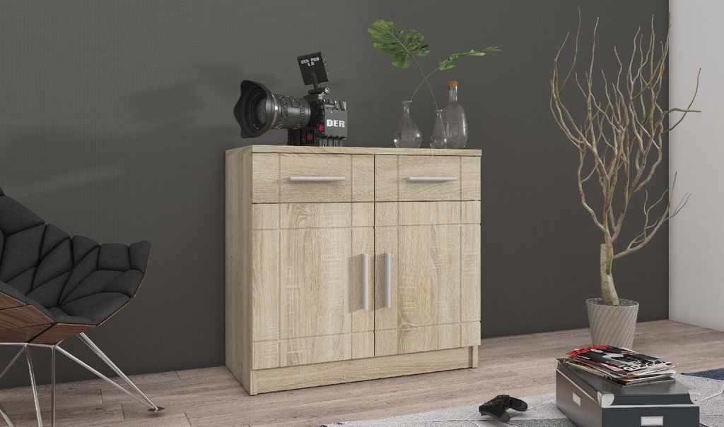 Kommode PARIS 2D2S Highboard mit 2 Schubladen mit 2 Türen Sideboard Schrank Wohnzimmer Sonoma