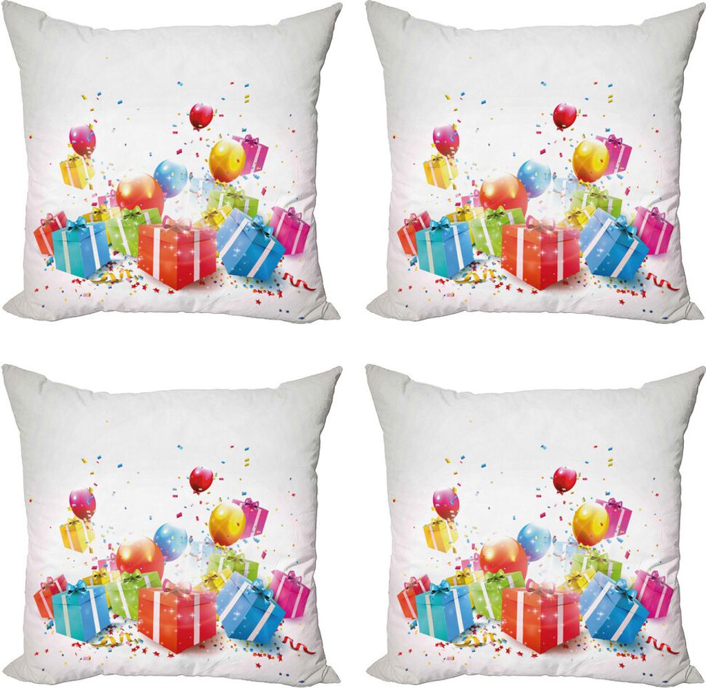 ABAKUHAUS Geburtstag Kissenbezug Set (4 Stück), Wunderkisten Ballon, Moderner Doppelseitiger Digitaldruck, 60 cm x 60 cm, Mehrfarbig