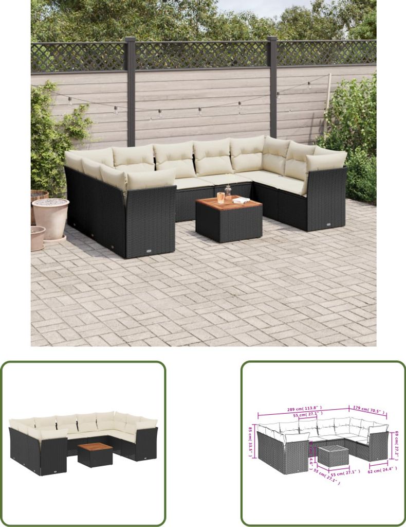 The Living Store 10-tlg. Garten-Sofagarnitur mit Kissen Schwarz Poly Rattan