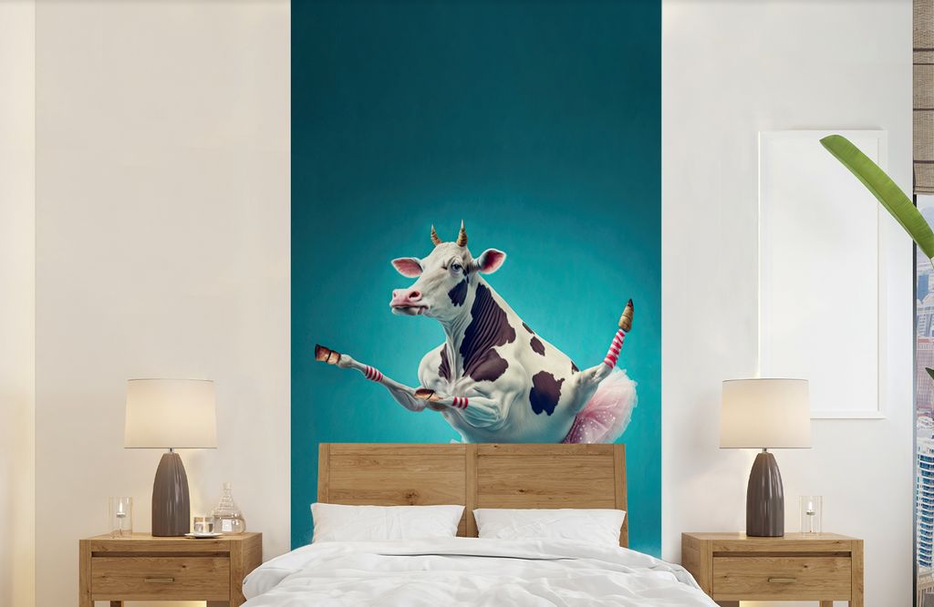MuchoWow Fototapete für Wohnzimmer oder Schlafzimmer Wandtapete Vinyl Motivtapete Kuh - Ballett - Porträt - Blau - Tiere - Kind - 120x240 cm - ...