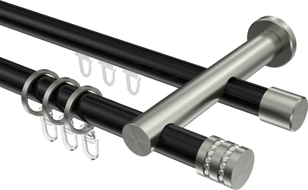 Interdeco Rundrohr-Innenlaufstange / Gardinenstange (Kombination) Schwarz / Edelstahl-Optik, Typ Platon Estana (Glitzerkappe), 20 mm Ø 2-läufig, ...
