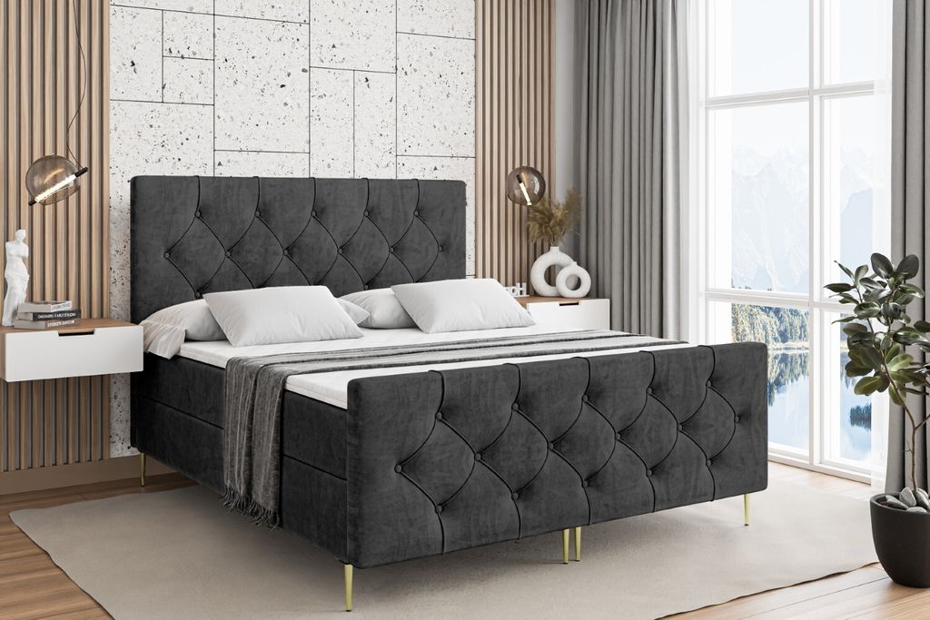 ALTDECOR Boxspringbett mit Gold Füßen, Matratze und Lattenrost, Topper, Fußteil, Polsterbett mit Bettkasten, Bett mit Stauraum H4-Matratze, Dopp...