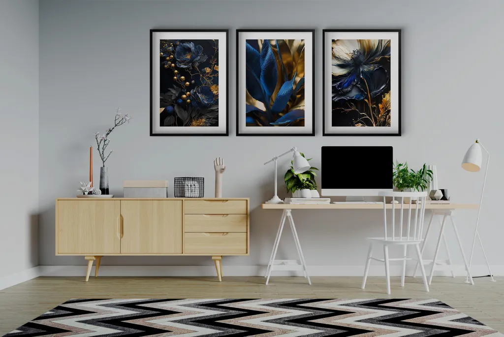 Trittico Poster Astratti Fiori Oro Blu | Arredo Parete Soggiorno - 6