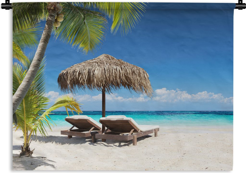 MuchoWow Wandteppich Wandbehang Strand - Sonnenschirm - Meer 90x67.5 cm Tapisserie Dekoration Wandtuch - Fototeppich - Wand-Skulpturen