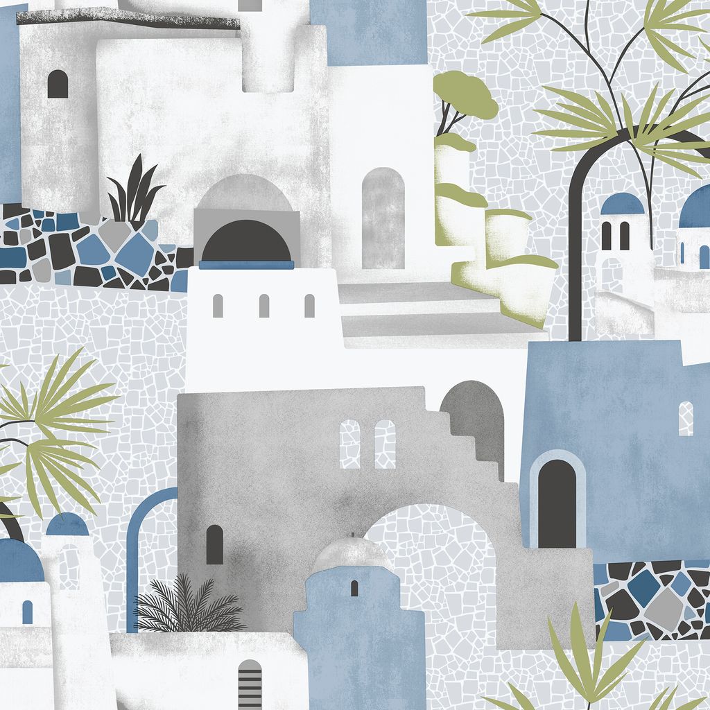 Sanders & Sanders Tapete Mediterrane Häuser Blau, Grau und Weiß - 640081 - 53 cm x 10 m