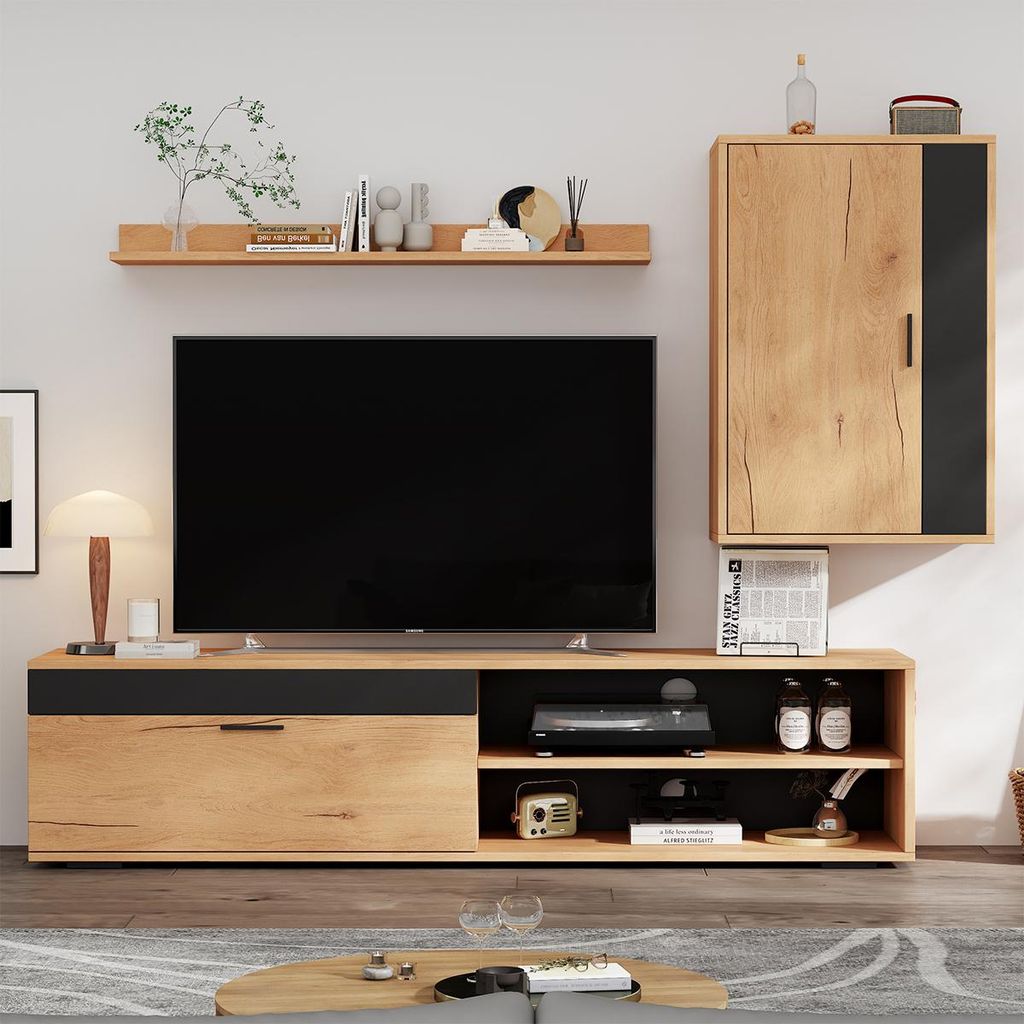 TV Wohnwand-set inkl.TV-Board Standregal und Wandregal TV Wohnzimmermöbel-Set 140*35*39cm Holzfarbe + Schwarz