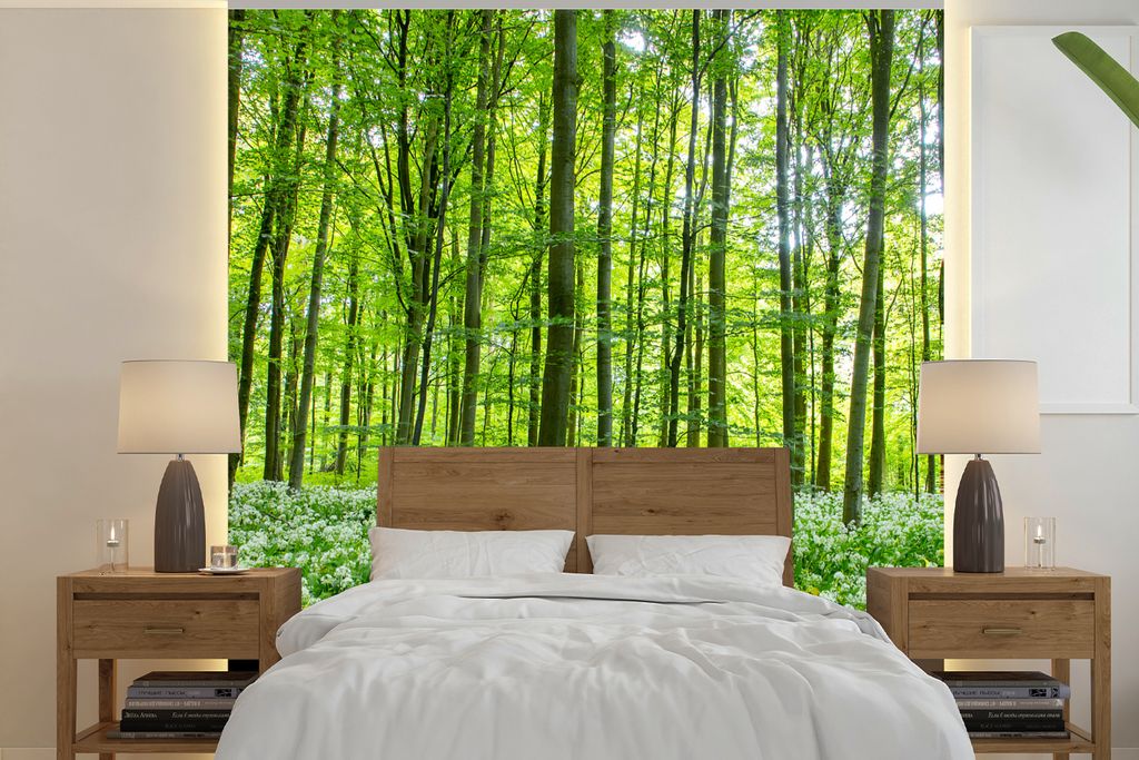 MuchoWow Fototapete für Wohnzimmer oder Schlafzimmer Wandtapete Vinyl Motivtapete Wald - Bäume - Grün - 350x350 cm - Schlafzimmertapete