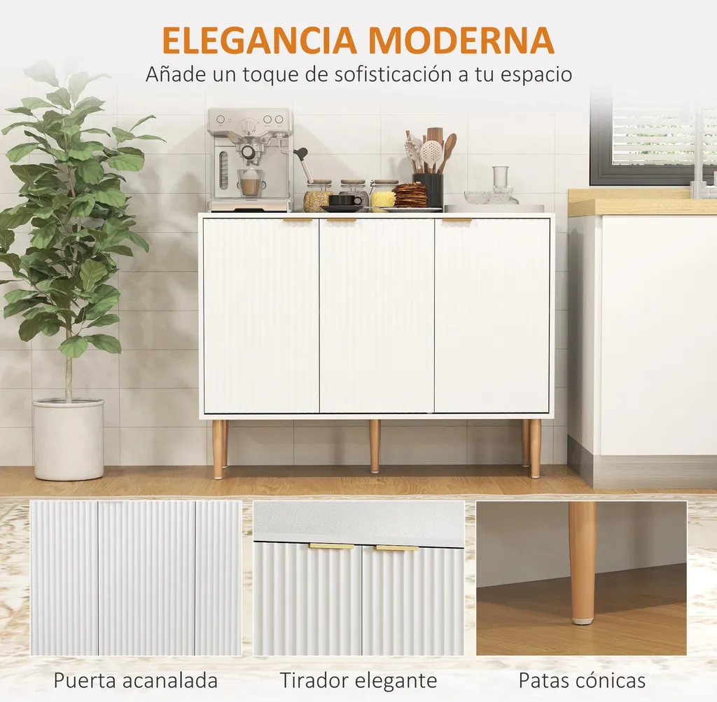 Buffet Gain de Place Blanc avec Tablette Modulable et 3 Portes