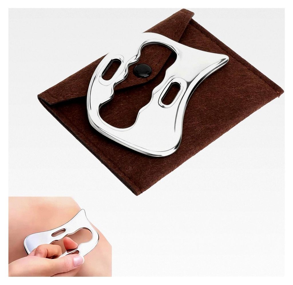 Gua Sha Edelstahl Faszienmesser mit Doppelloch-Design für Muskelentspannung, Lymphdrainage und Physiotherapie - Tragbares Massagegerät mit Filz-A...
