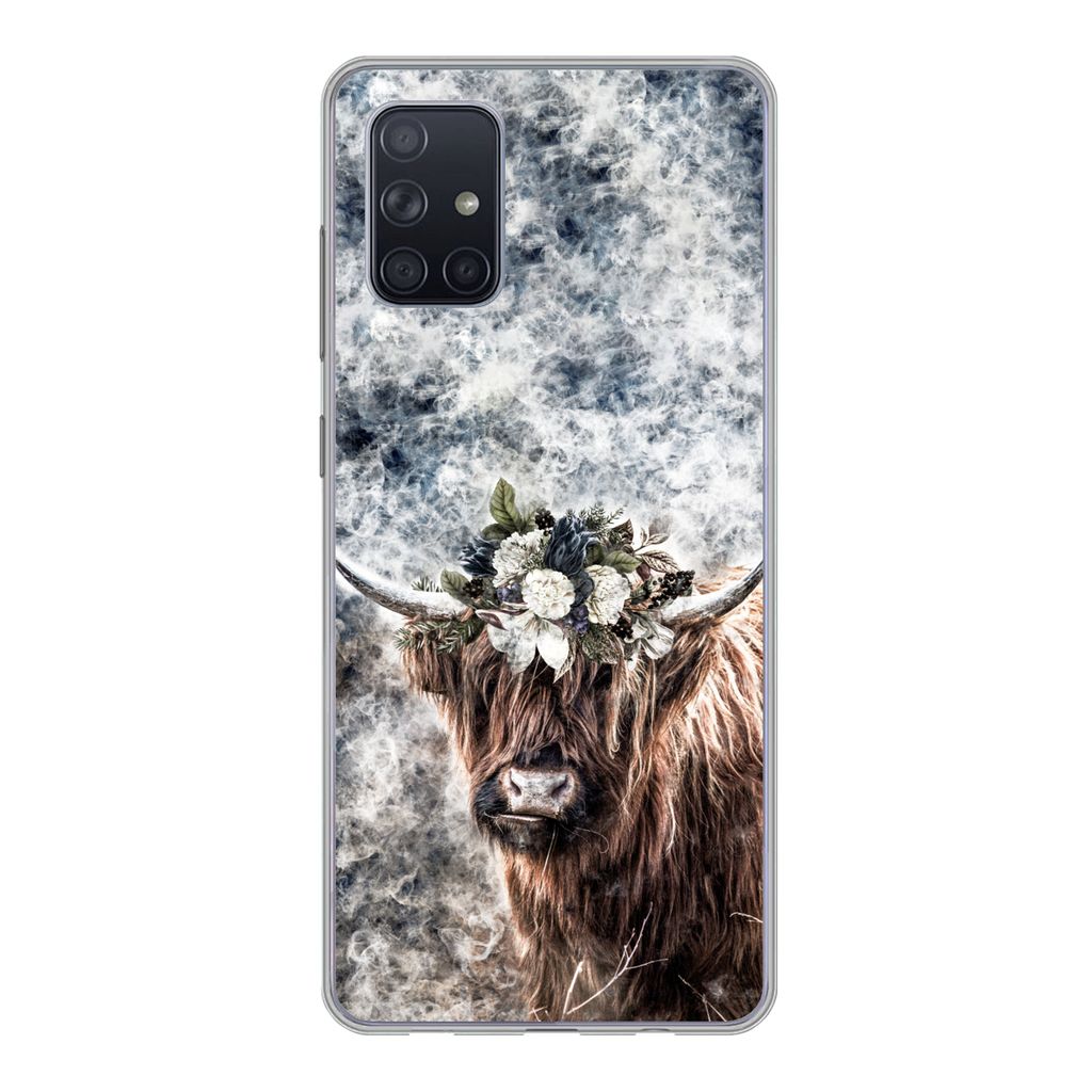 MuchoWow Handyhülle Schutzhülle Hülle für Samsung Galaxy A51 Schottischer Highlander - Rauch - Blumen Silikon Softcase Handy Hülle - Schutza...
