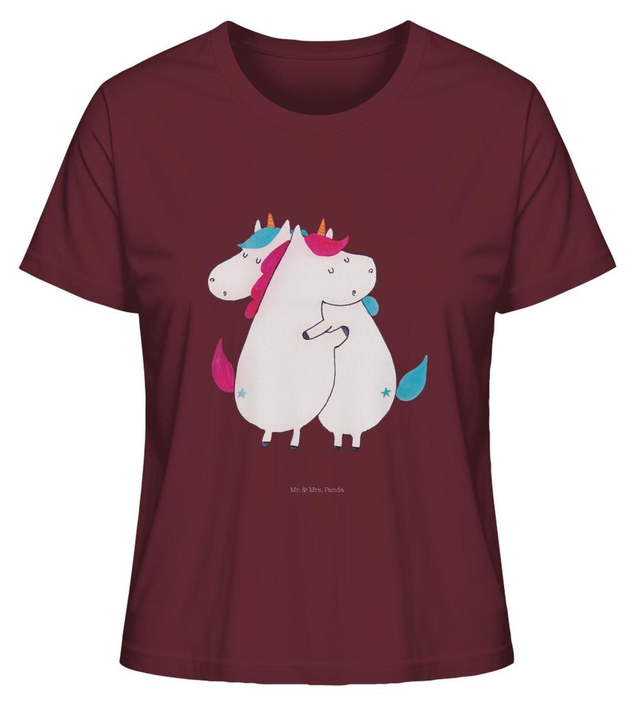 Mr. & Mrs. Panda Frauen T-Shirt Einhörner Umarmen Größe S - Burgundy - Geschenk, BFF, Familie, Unicorn, Baumwollshirt Damen, Liebe, Oberteil, Ba...