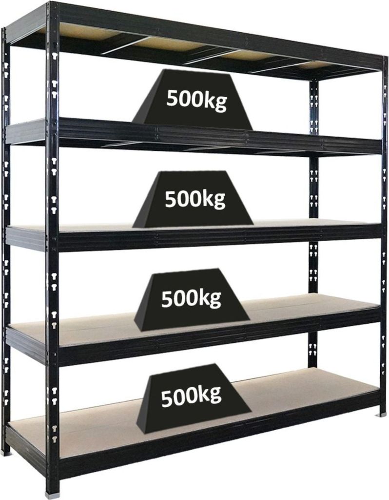 Profi Schwerlastregal Rhino | HxBxT 200x200x60cm | 5 Spanplatten-Ebenen 8mm | Fachlast 500kg | Schwarz