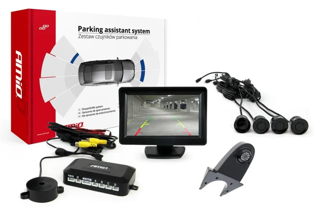 AMiO Parking Assist TFT01 4,3" con telecamera HD-502-IR a 4 sensori, nero