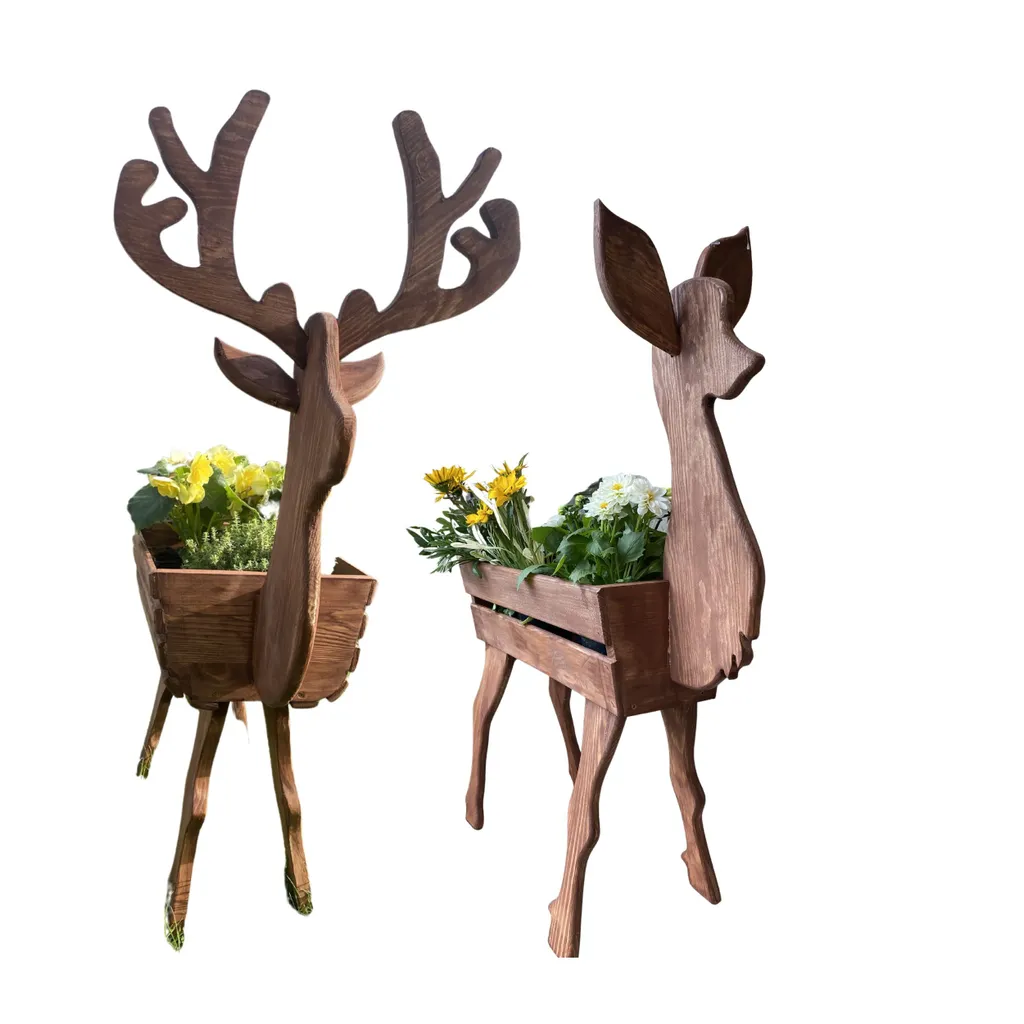 Support de fleurs cerf bois marron - Jardinière sculptée design rustique