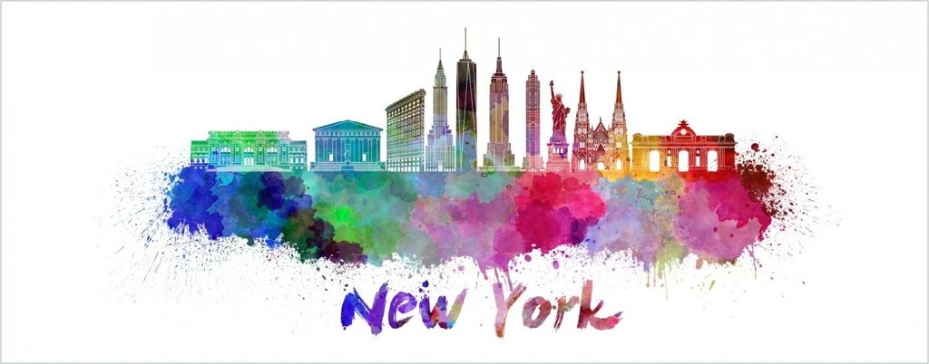 Wallario Premium Glasbild, freischwebende Optik, kräftige Farben, Größe 125 x 50 cm Motiv Städte als Aquarell - Skyline von New York