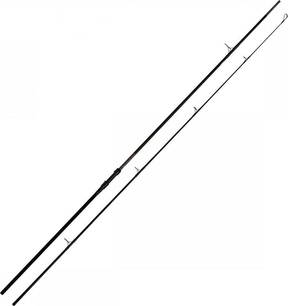 A black fishing rod is shown against a white background.