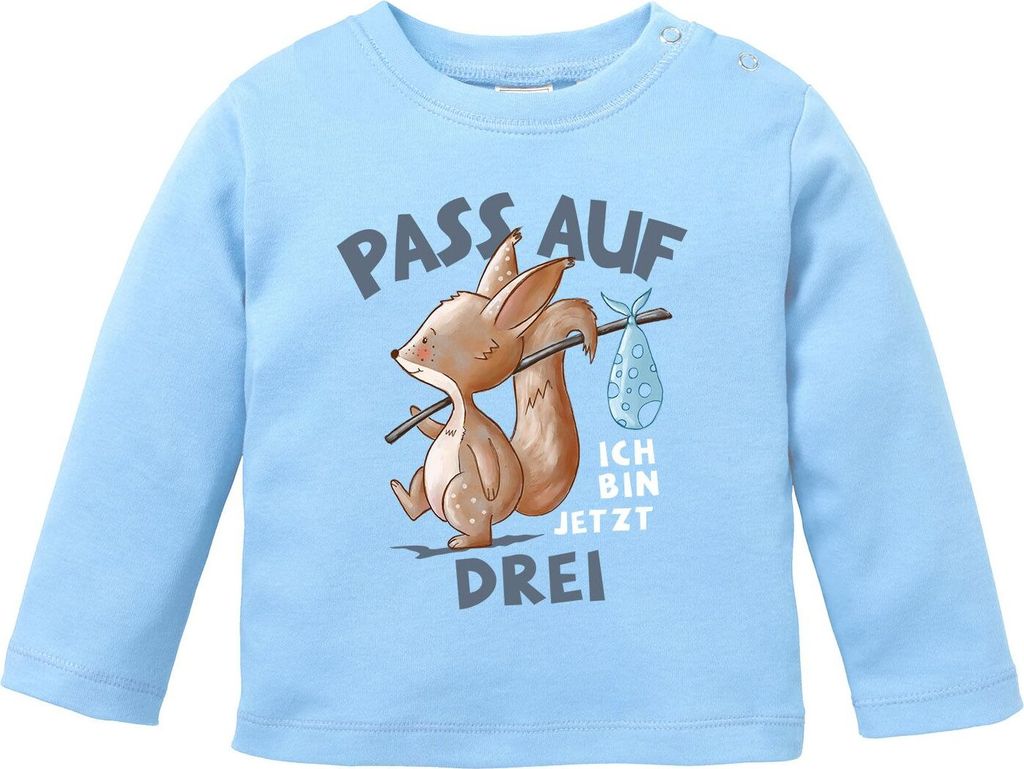 Baby Langarm-Shirt 1. Geburtstag mit Spruch Ich bin jetzt Eins | Zwei | Drei Eichhörnchen Tiere Geburtstagsshirt Baumwolle Junge/Mädchen MoonWork...