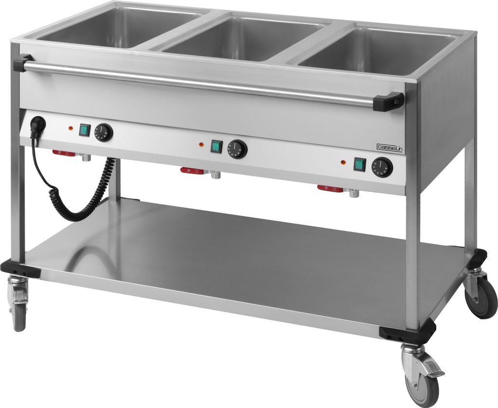 Casselin horizontaler Bain Marie Wagen aus Edelstahl 18/10 mit 2 oder 3 Behältern, Ausführung:3 Wannen