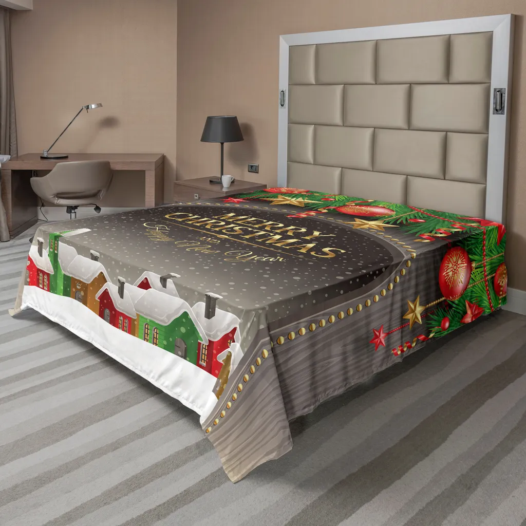 Drap de Dessus de Noël Motif Village Rustique pour Lit Grande Taille