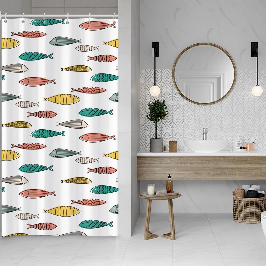 Duschvorhang mit Fischmotiv, 90 x 180 cm, gelb, grün, rot, Ozean, bunte Fische, schimmelresistent, waschbar, schmal, Polyestergewebe, wasserdicht,...