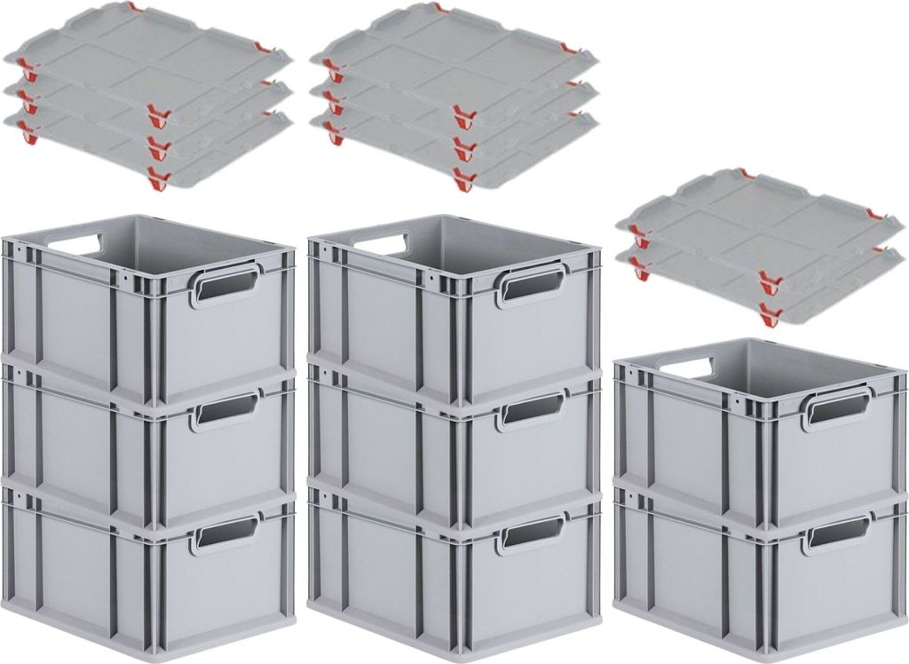 SuperSparSet 8x Eurobox NextGen Grip mit Auflagedeckel inkl. 4 roten Schiebeschnappverschlüssen | HxBxT 22x30x40cm | 20 Liter | Grau | Griffe offe...