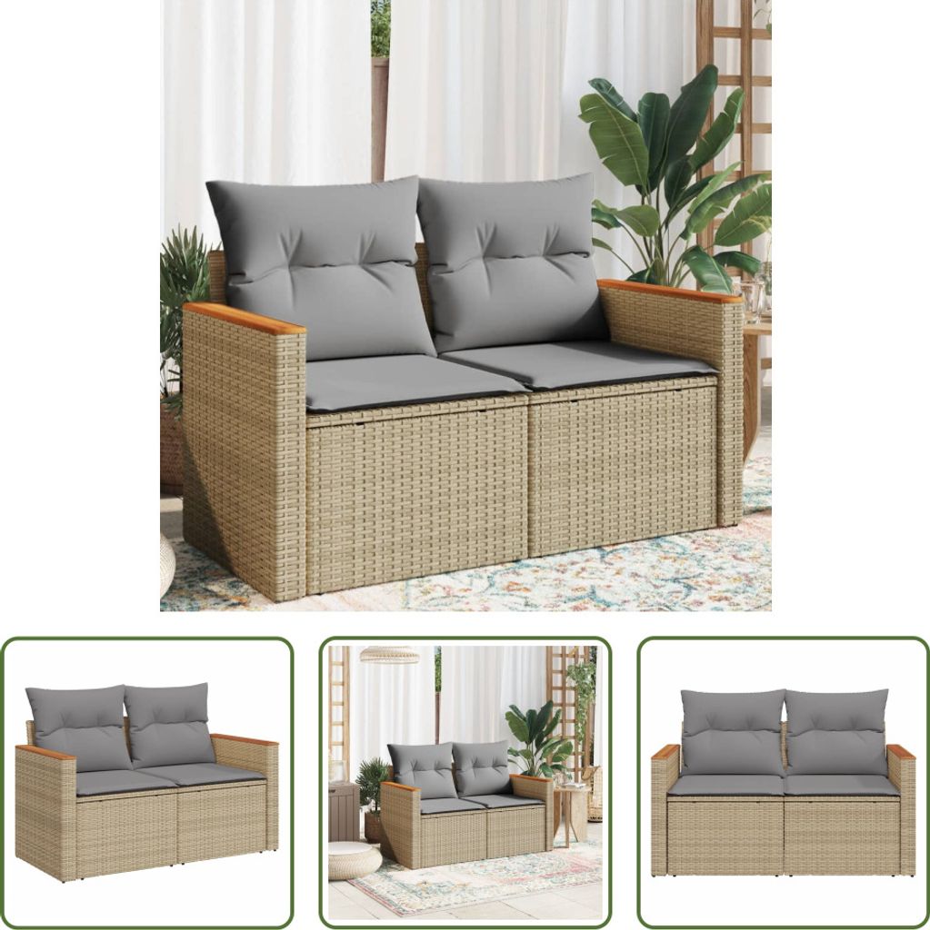 The Living Store Gartensofa mit Kissen 2-Sitzer Beige Poly Rattan