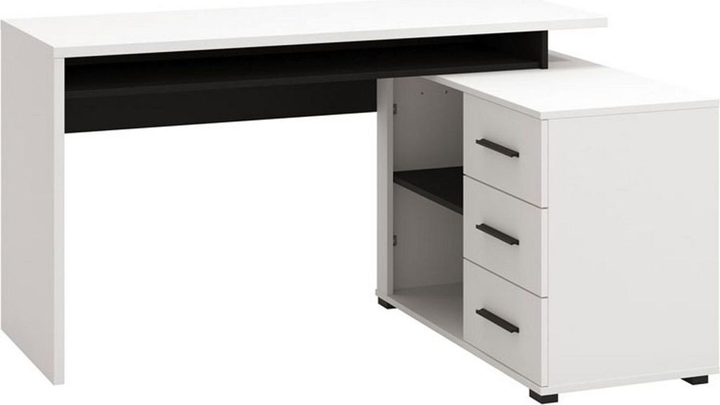 Dmora Schreibtisch Sapri 138x102x75h cm, Weiß Matt, Eckdesign, 3 Regale