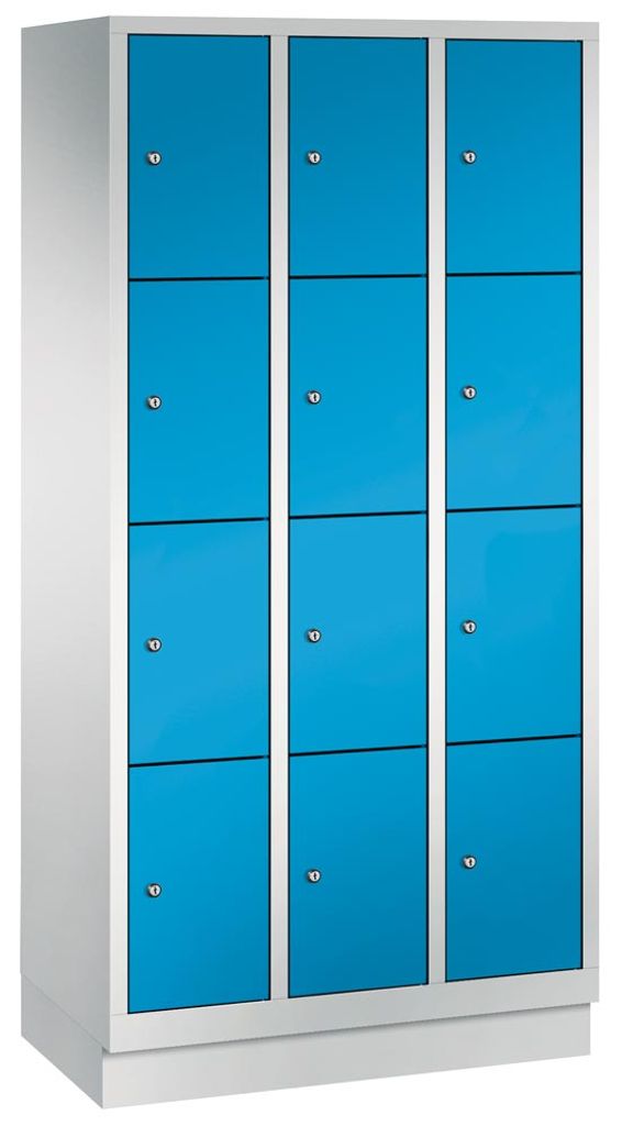 Fächerschrank, BxTxH 900x500x1800 mm, 3x4 Fächer, Abt.B 300 mm, Sockel, Schloss, glatte Türen, RAL 7035/5012