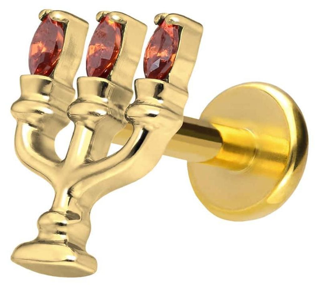 Ohrpiercing, Nasenpiercing Titan Labret mit Push Fit KERZENLEUCHTER Gold Stablänge: 9mm | Stabstärke: 1,2mm
