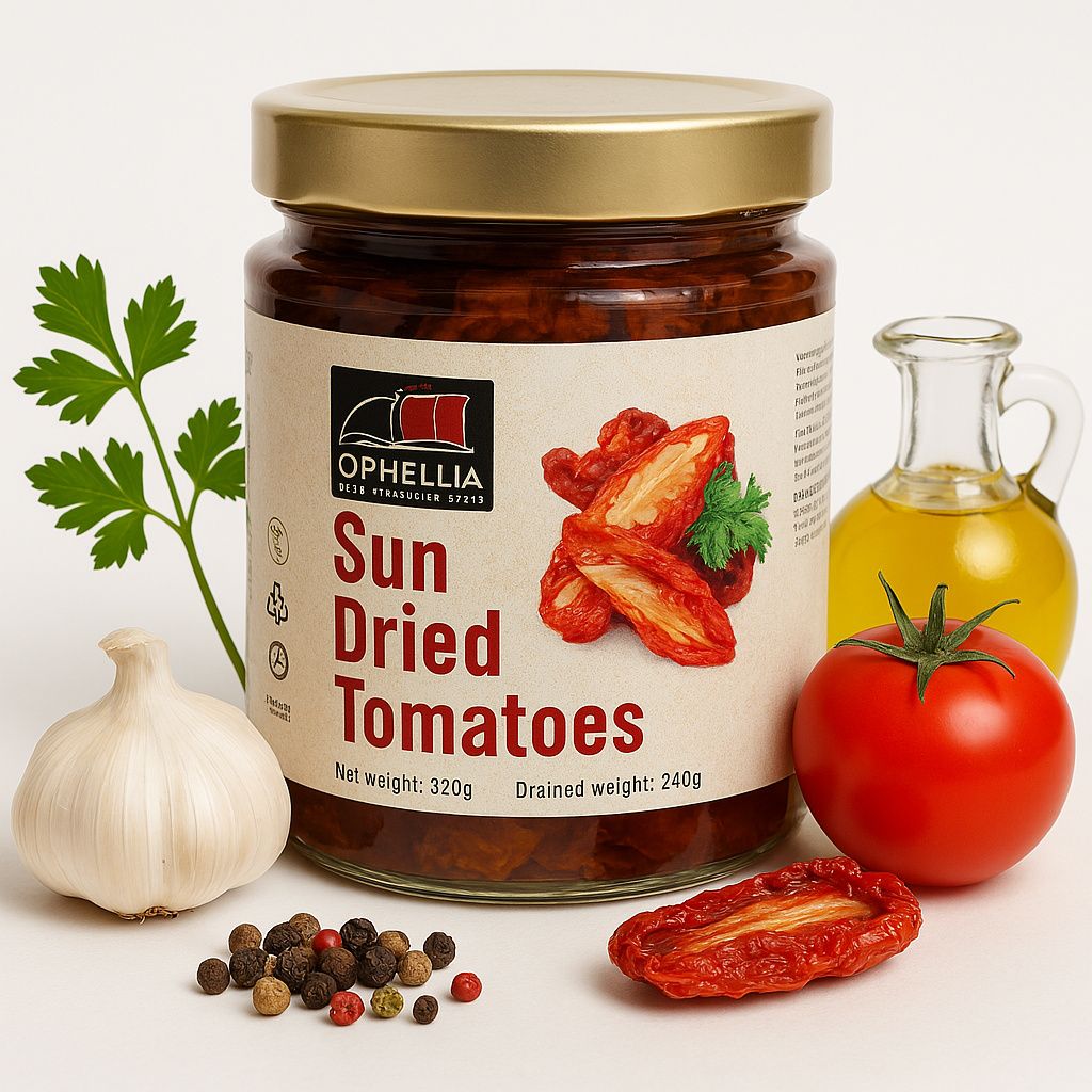 Ophellia Getrocknete Tomaten in Sonnenblumenöl 320 g im Glas aus Griechenland