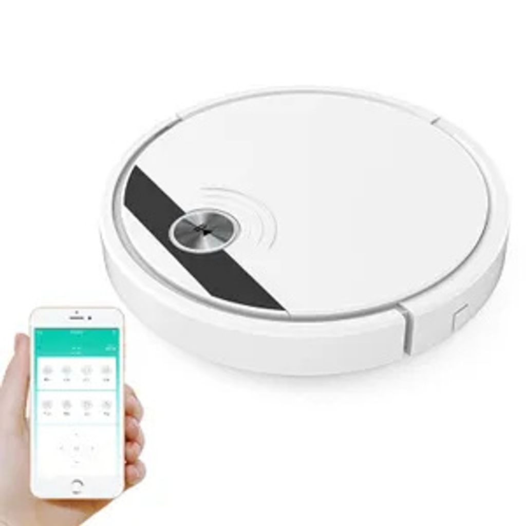 A white robot vacuum cleaner and a smartphone with a control app.