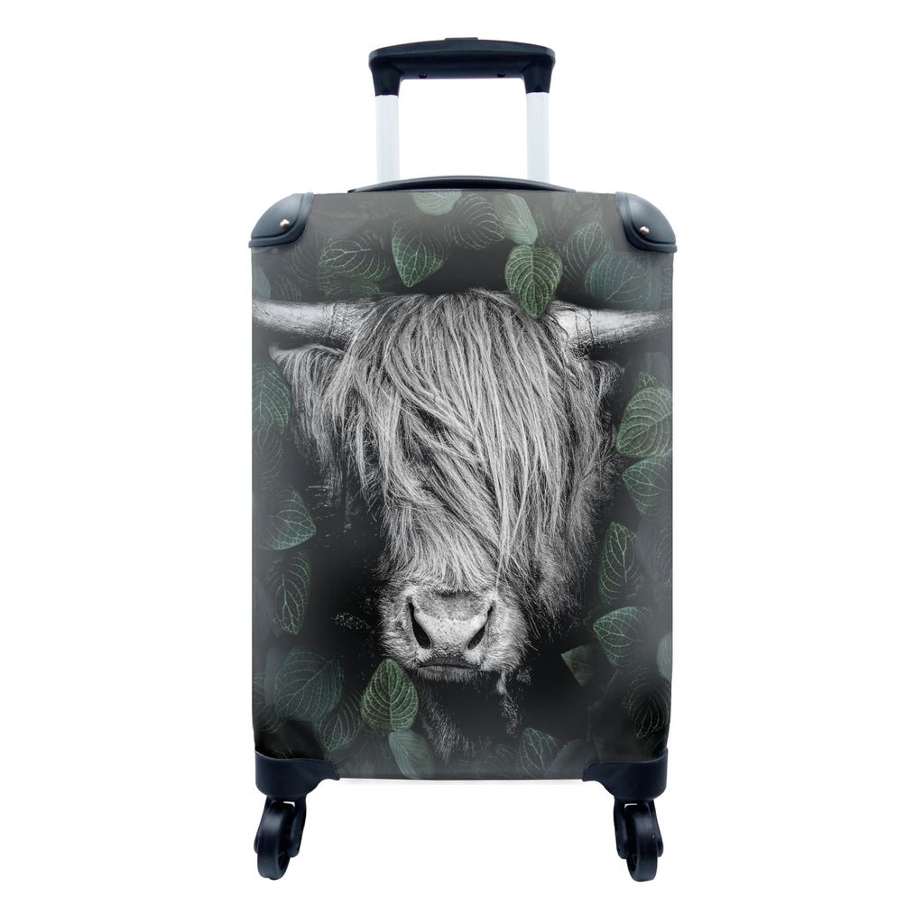 MuchoWow Koffer Handgepäck Trolley Rollkoffer Kleine Reisekoffer mit 4 Rollen - Schottischer Highlander - Porträt - Blätter - Schwarz-Weiß - ...
