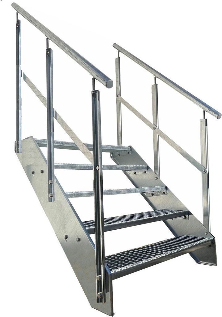 Gitterrost Stahl Wangentreppe 5 Stufen Verzinkt + beidseitigem Geländer - (L x B x H) 101cm x 120cm x 95cm