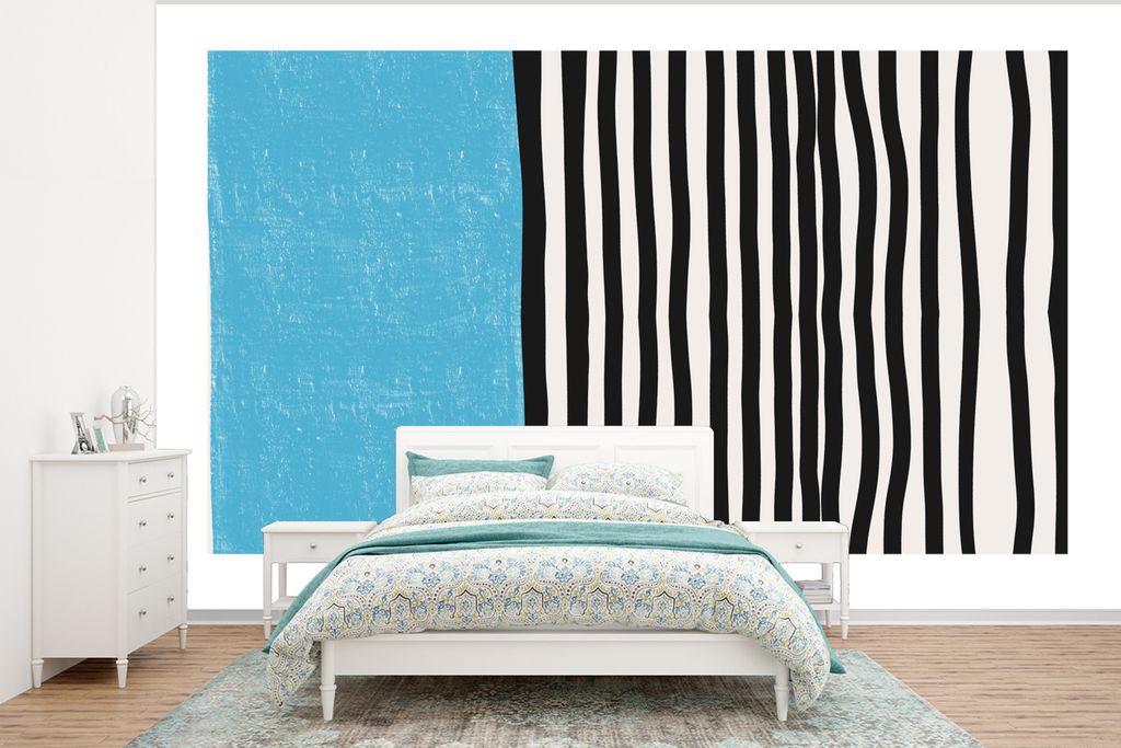 MuchoWow Fototapete für Wohnzimmer oder Schlafzimmer Wandtapete Vinyl Motivtapete Blau - Schwarz - Weiß - Design - 400x300 cm - Papiertapeten