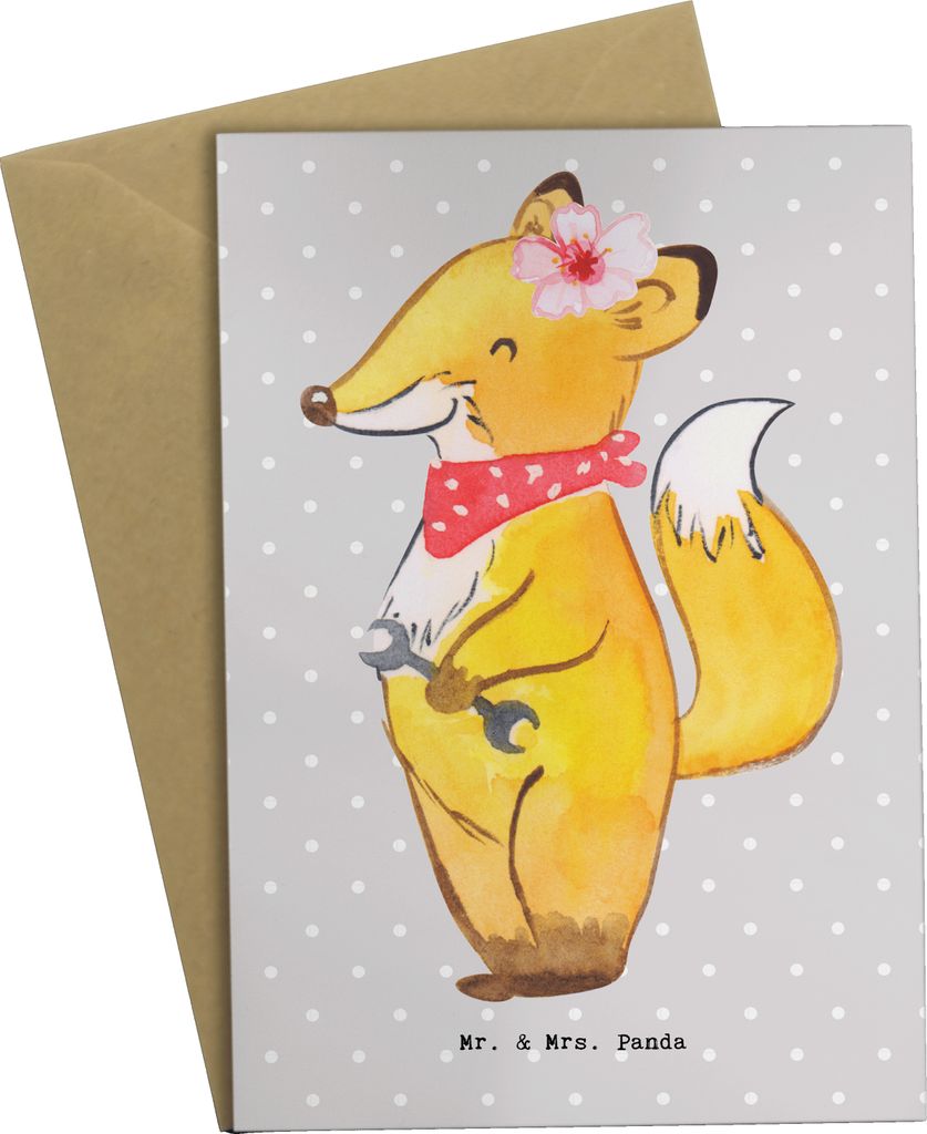 Mr. & Mrs. Panda Grußkarte Kfz-Mechatronikerin Herz - Grau Pastell - Geschenk, Grußkarten, Gesellenprüfung, osterkarten, Ausbildung, Werkstatt, ...
