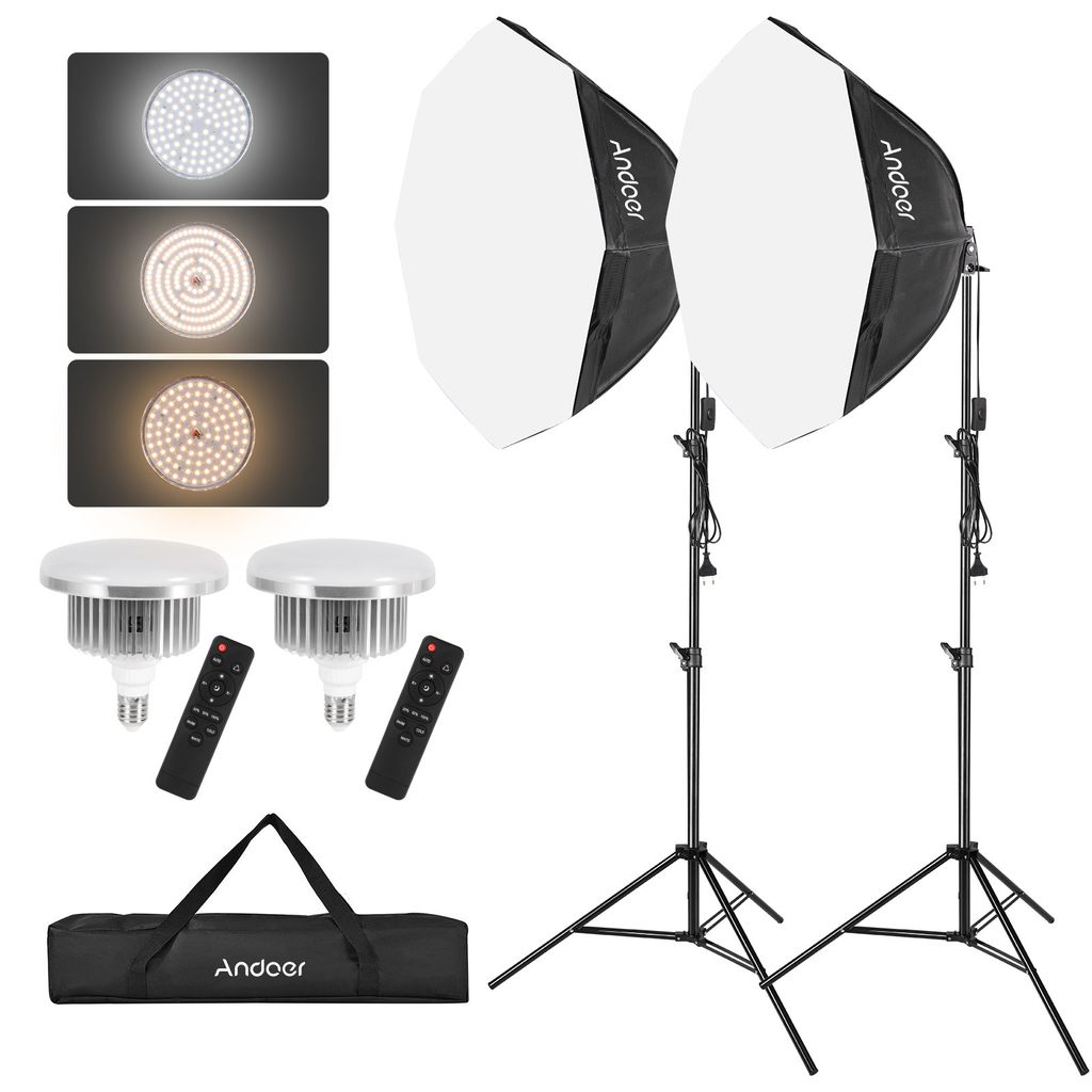 Andoer Studio-Fotografie-Lichtset, Softbox-Beleuchtungsset mit 85 W 2800 K-5700 K LED-Licht * 2 + Octagon-Softbox * 2 + 2 m Lichtstativ * 2 + Fernb...