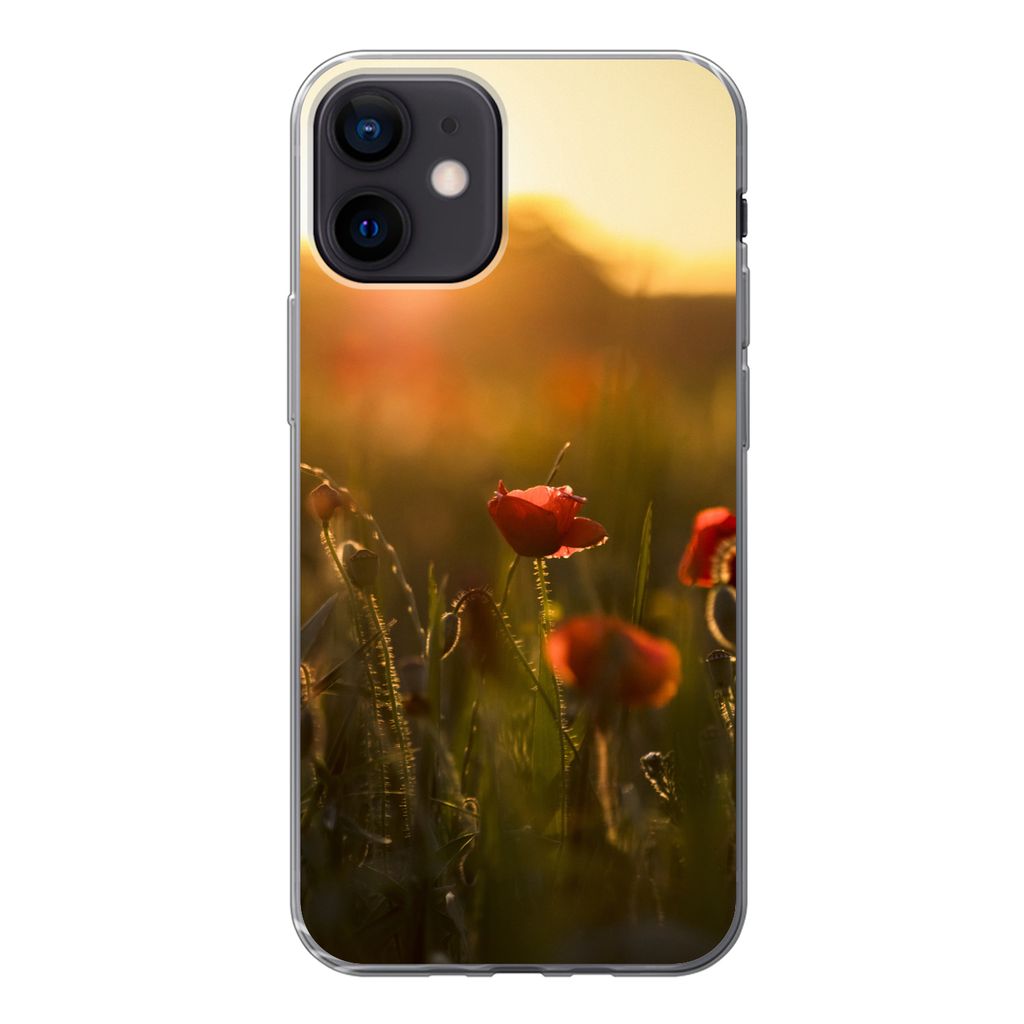 MuchoWow Handyhülle Schutzhülle Hülle für iPhone 12 Mohn - Sonnenuntergang - Gold Silikon Softcase Handy Hülle - Schutzhülle