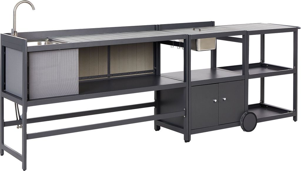 BELIANI Gartenküche 3-teilig Grau Aluminium Aufbewahrungsschrank Insel Spüle Servierwagen Gartenküche Kochstelle