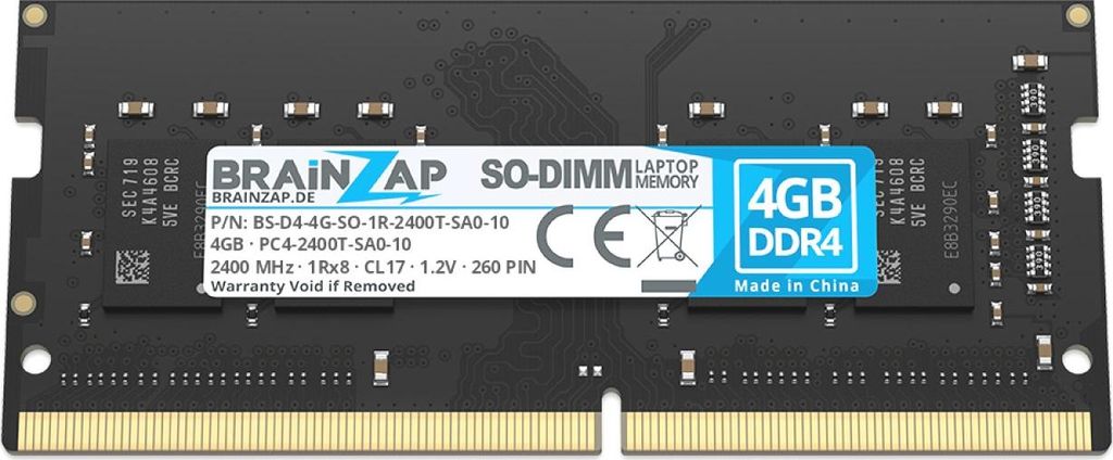 BRAINZAP 4GB DDR4 RAM SO-DIMM PC4-2400T-SA0-10 1Rx8 2400 MHz 1.2V CL17 Notebook Laptop Arbeitsspeicher Unbuffered Non-ECC