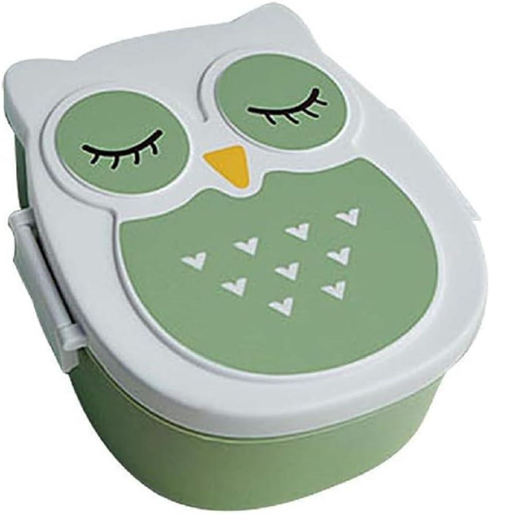 Bento-Box mit 3 Fächern, tragbare Lunchbox mit Eulenmotiv, Snackbox für Kindergarten, Schule, Arbeit, Picknick, Reisen (grün)