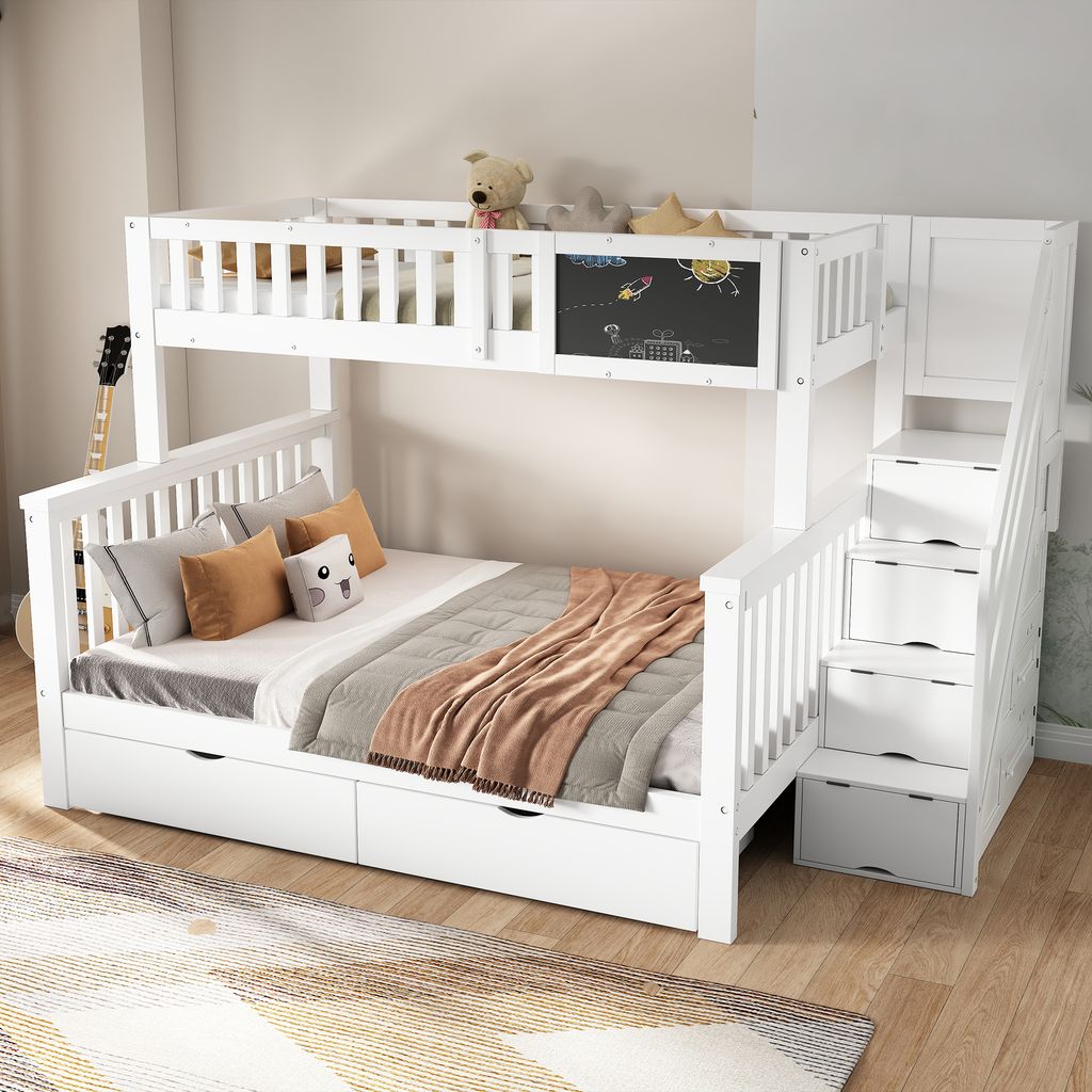 Flieks Hochbett Etagenbett 90x200/140x200cm mit 2 Schubladen, Kinderbett Stockbett mit Treppe & Tafel, Holzbett Doppelbett für Kinder, Weiß