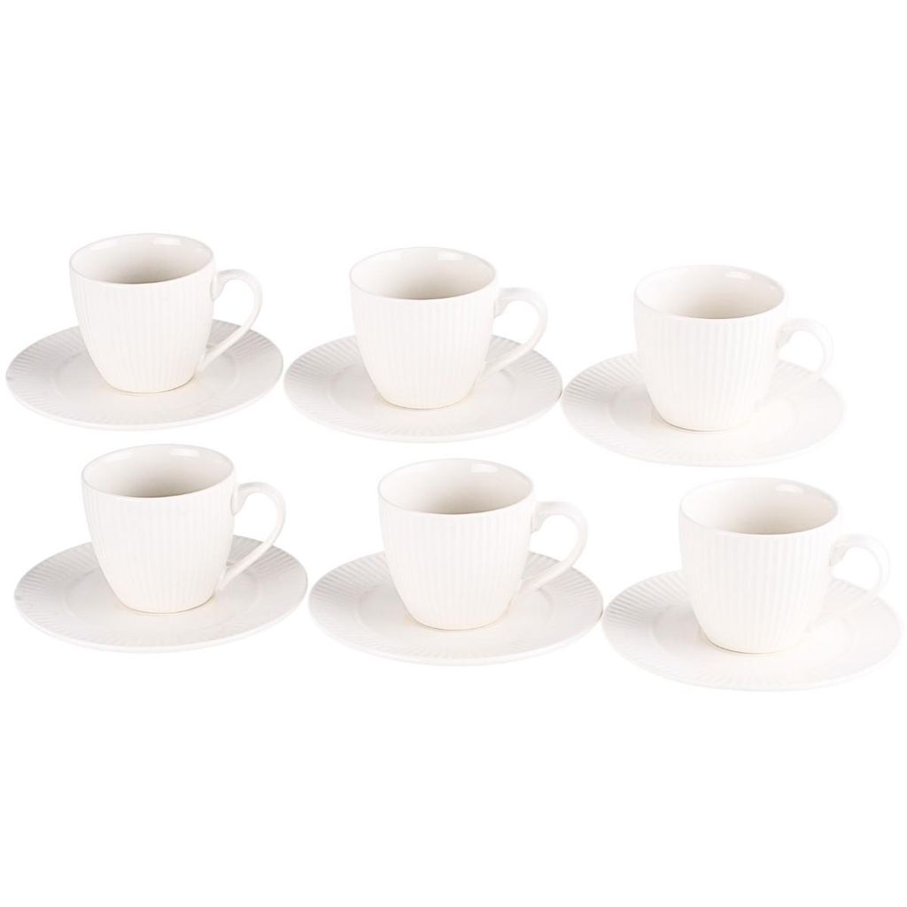 Prima Deco 6er Set gerippte Kaffeetassen 230 ml weiß mit Henkel – Porzellantassen für 6 Personen