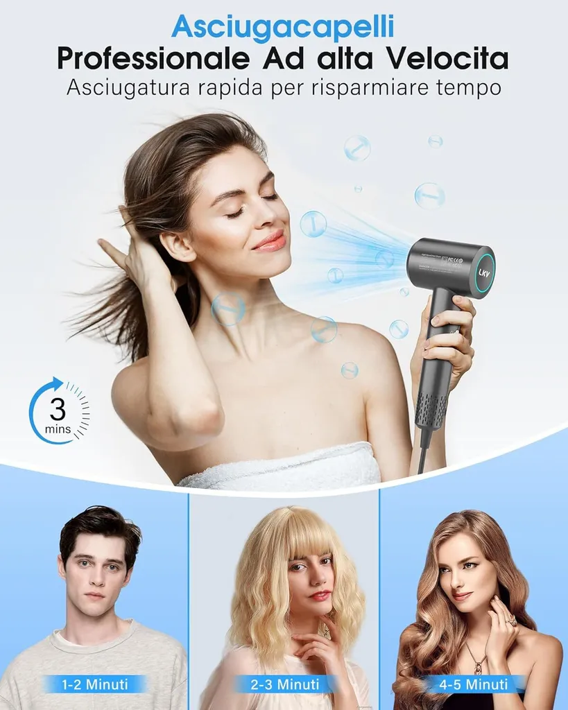 Asciugatura rapida e bassa rumorosità, 1500W Asciugacapelli professionale agli ioni con pulsante caldo e freddo, 3 impostazioni di calore, 2 velocità del vento, 3 impostazioni di calore e 2 velocità del vento - 3