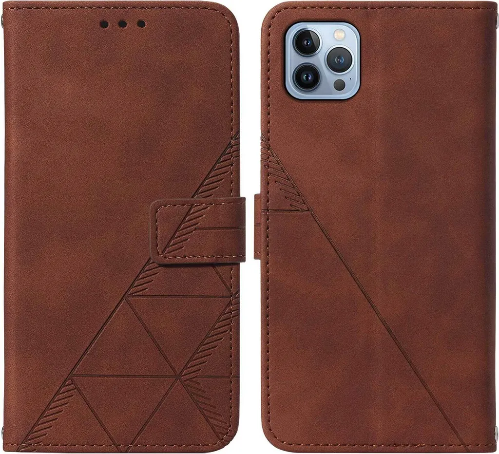 Custodia in pelle flip per iPhone 13 Pro con design a portafoglio e goffratura, porta carte e supporto Marrone