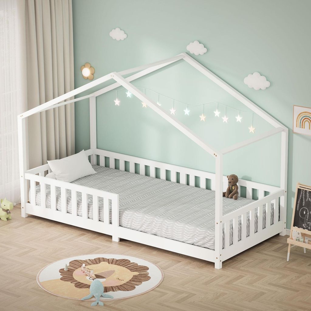 ML-Design Kinderbett Hausbett 90x200 cm Weiß, Holzbett mit Produktbild 