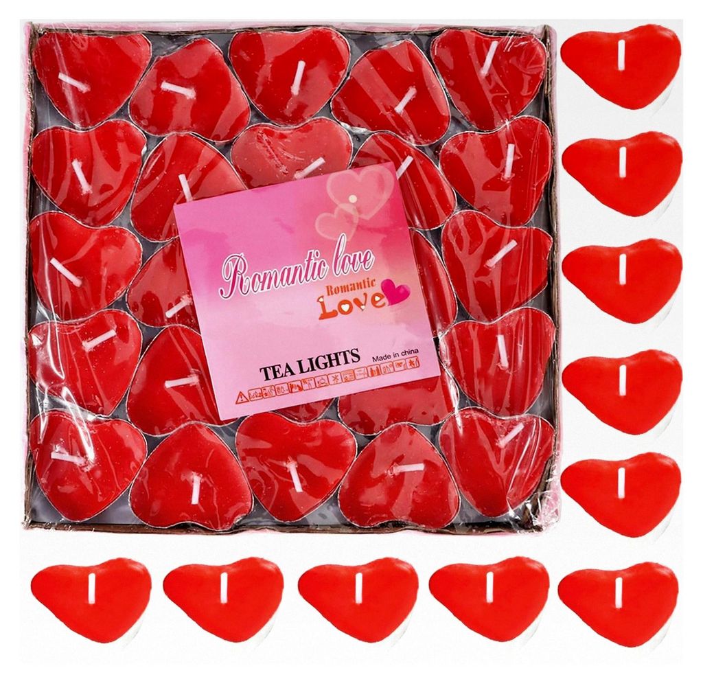 50 Stück Teelichter in Herzform, Romantische Kerzen aus Paraffinwachs für Valentinstag, Geburtstag, Vorschlag, Party, Jubiläum