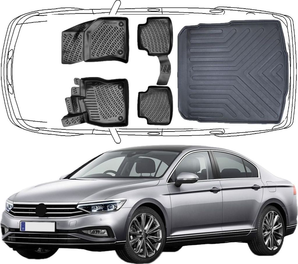 3D Auto Fußmatten & Kofferraumwanne Set Kompatibel mit VW Passat B8 Typ 3G 2015-2023 Sedan Limousine