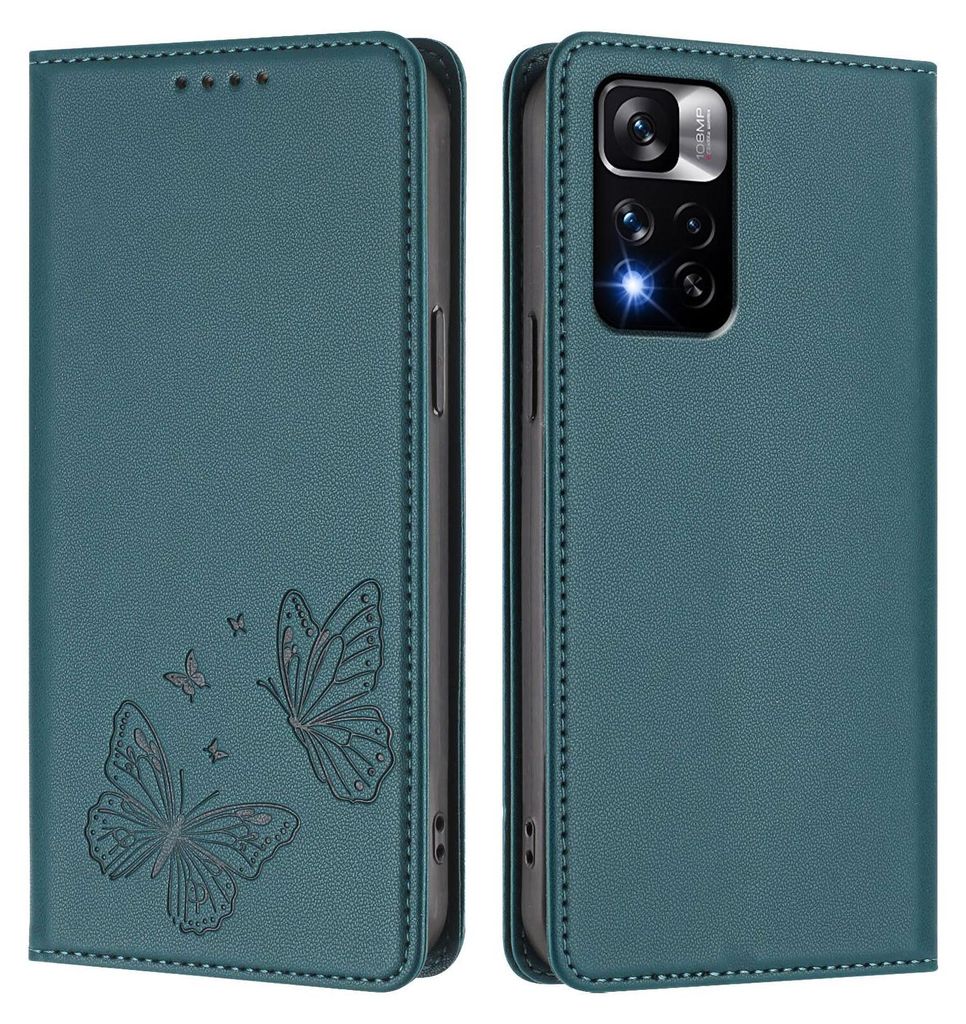 Lederhülle für Xiaomi Redmi Note 11 Pro+ 5G, Schmetterling Prägung Leder Brieftasche Schutzhülle mit Ständer Grün
