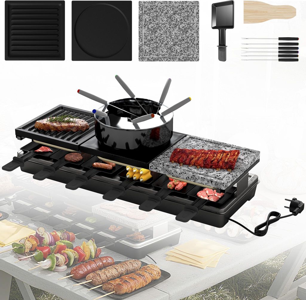 A raclette grill set with various cooking surfaces and accessories, displayed on a table with food.